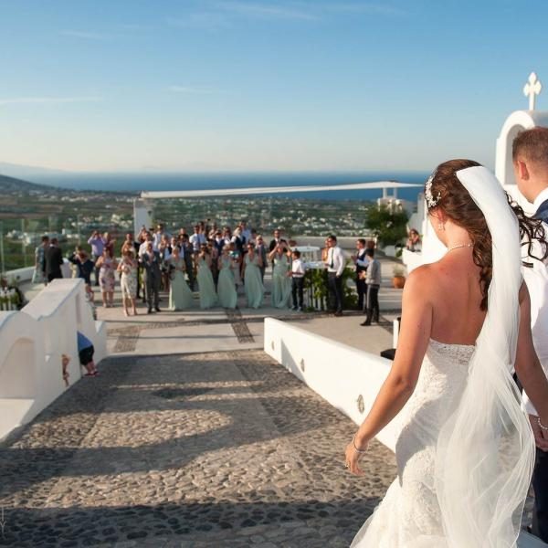 Guests celebrating on the Pyrgos terrace