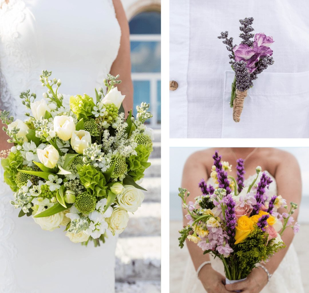 Loose, organic bouquet of greenery and assorted seasonal blooms
