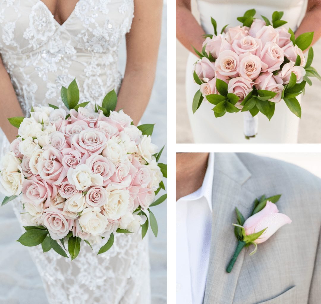 Blush and ivory roses with a bridal bouquet and matching boutonniere