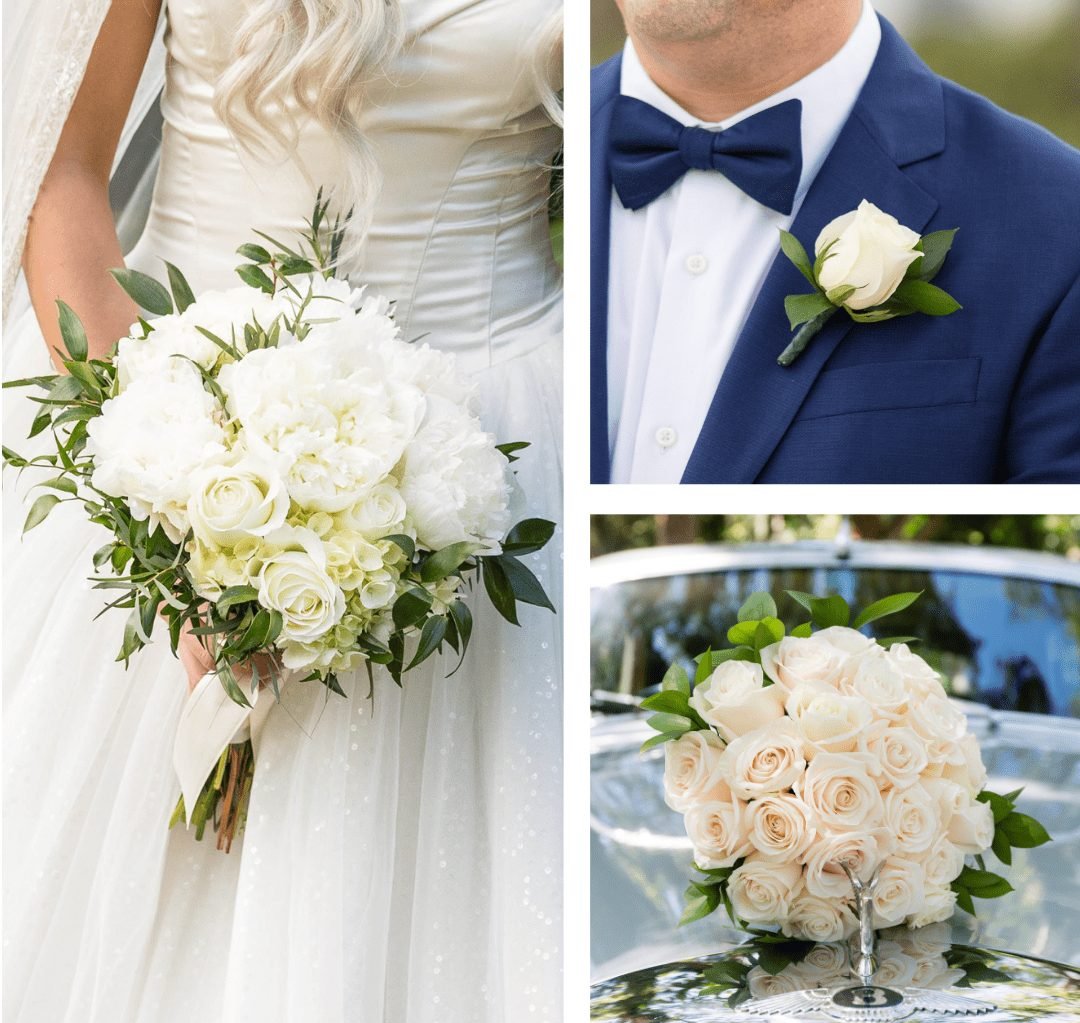 Classic white rose bouquet with greenery and exotic blooms