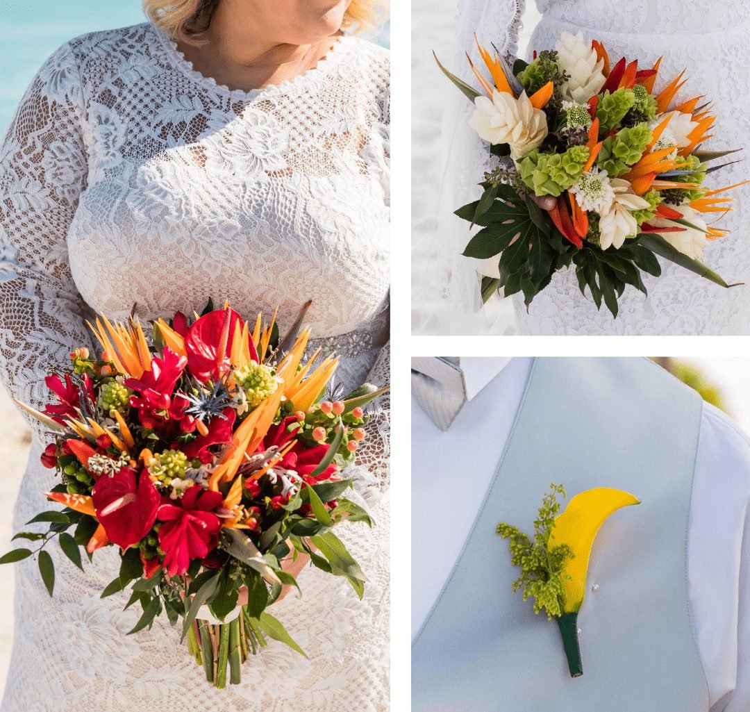 Bright tropical bouquet with exotic blooms and foliage