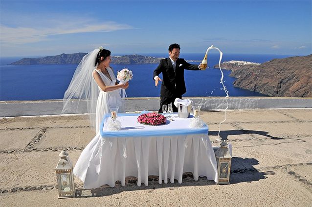 Ceremony table set at the Profitis Elias chapel with a sea view