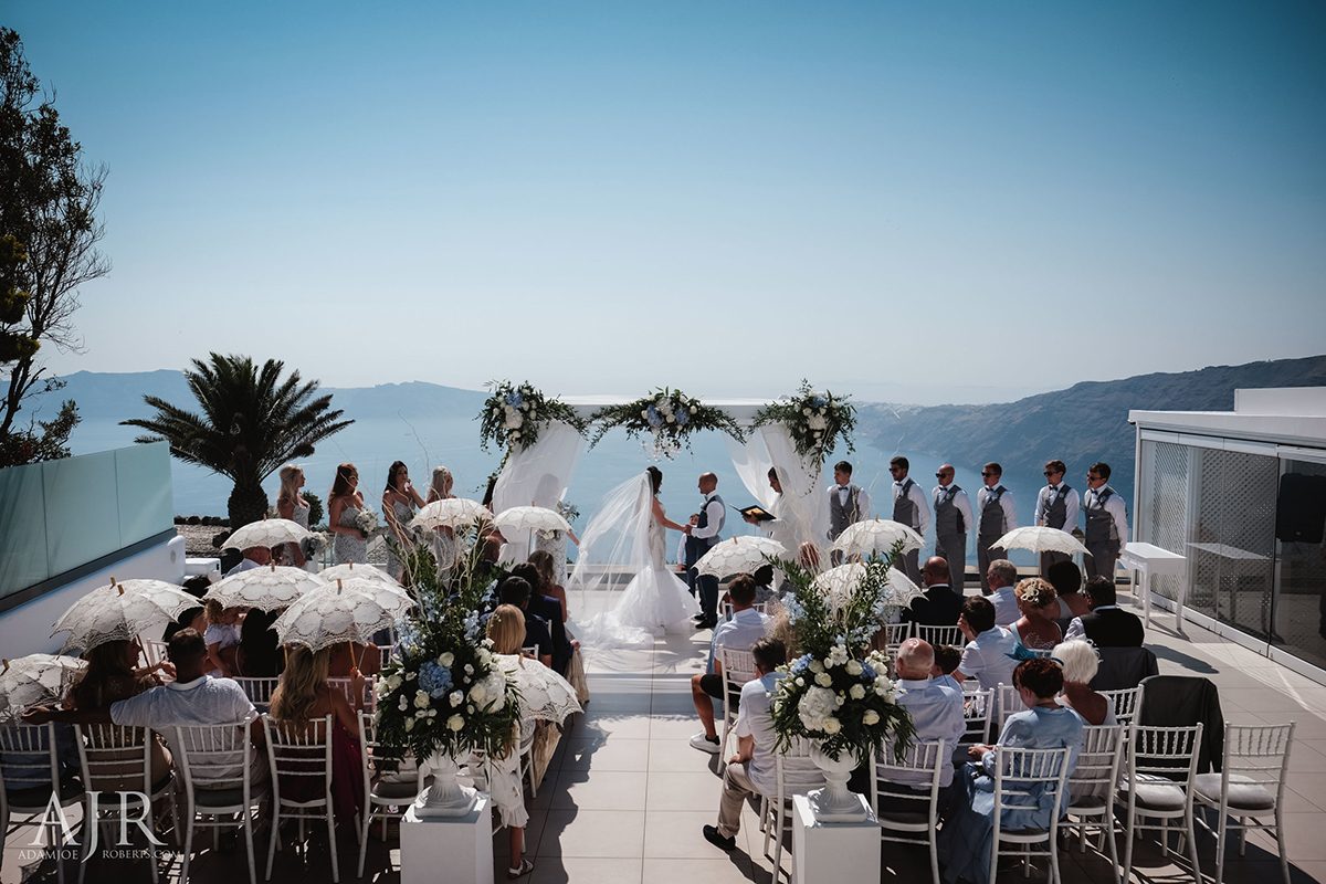 Le Ciel Santorini wedding venue terrace with the caldera beyond