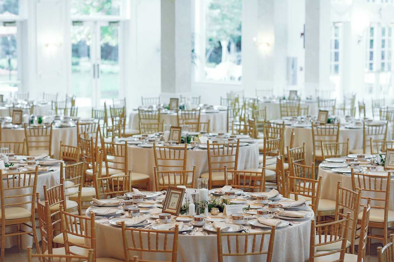 Reception hall laid out for a wedding